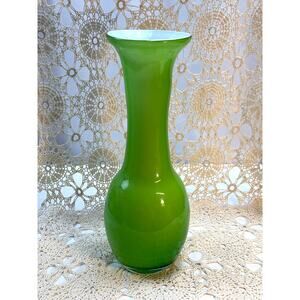 MCM Hand-Blown Tall Cased Glass Vase Lime green White/Opaline Art Deco Style